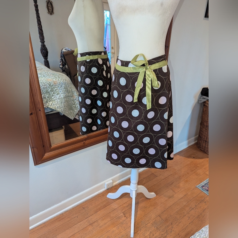 Talbots Black A-Line Skirt with Pastel Polka Dots and Green Waist Ribbon